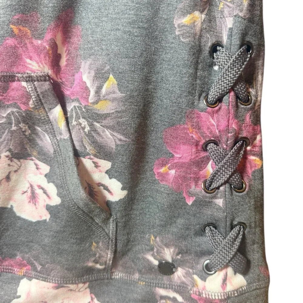 NWOT Ideology Floral-Print Lace-Up Hoodie Gray Size M - Picture 6 of 7